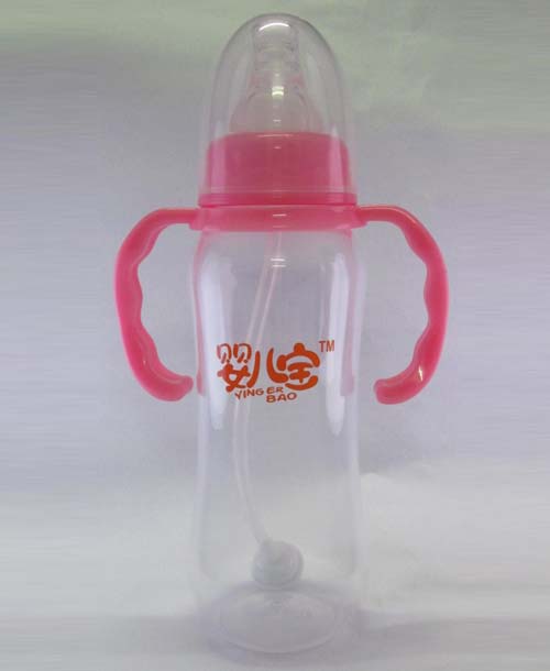 嬰兒寶250ML標(biāo)口徑弧形自動手柄奶瓶粉色