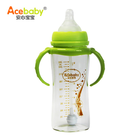 安心寶寶260ml寬口徑雙耳自動(dòng)高硼硅玻璃奶瓶綠色