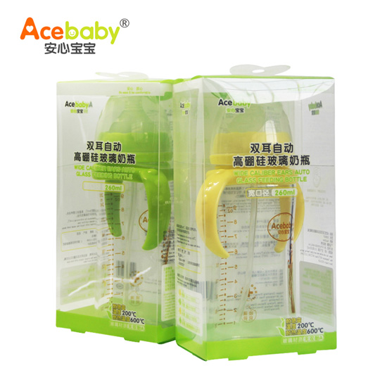 安心寶寶260ml寬口徑雙耳自動(dòng)高硼硅玻璃奶瓶黃色綠色盒裝