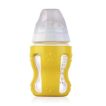 清素250ml寬口玻璃奶瓶(帶保護(hù)套+中流量奶嘴)-黃色