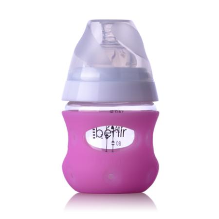 清素130ml寬口玻璃奶瓶(帶保護套+慢流量奶嘴)-玫紅色