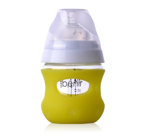 清素130ml寬口玻璃奶瓶(帶保護套+慢流量奶嘴)-黃色