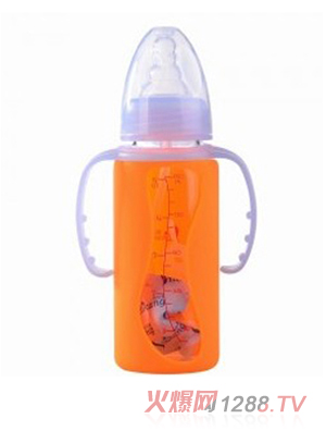 矽利康有手柄標(biāo)口玻璃奶瓶150ml