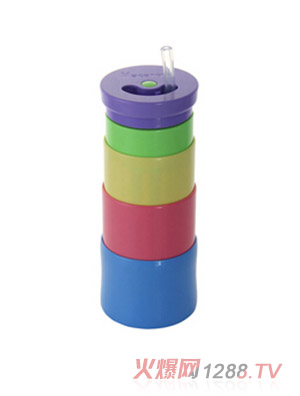 馬卡龍奶嘴硅膠伸縮水杯 帶吸嘴 藍底紫蓋 400ml