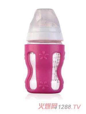 清素250ml寬口玻璃奶瓶（帶保護套+中流量奶嘴）-玫紅色