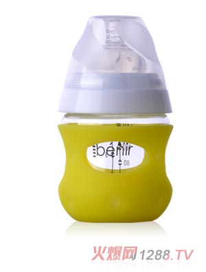 清素130ml寬口玻璃奶瓶（帶保護套+慢流量奶嘴）-黃色